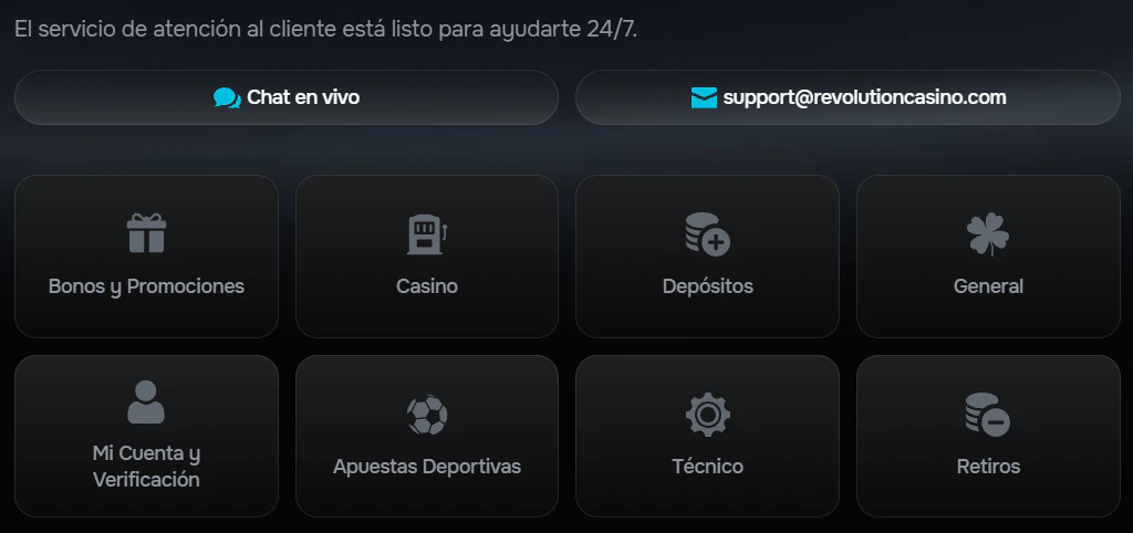 Atención al cliente por chat en vivo de Revolution Casino