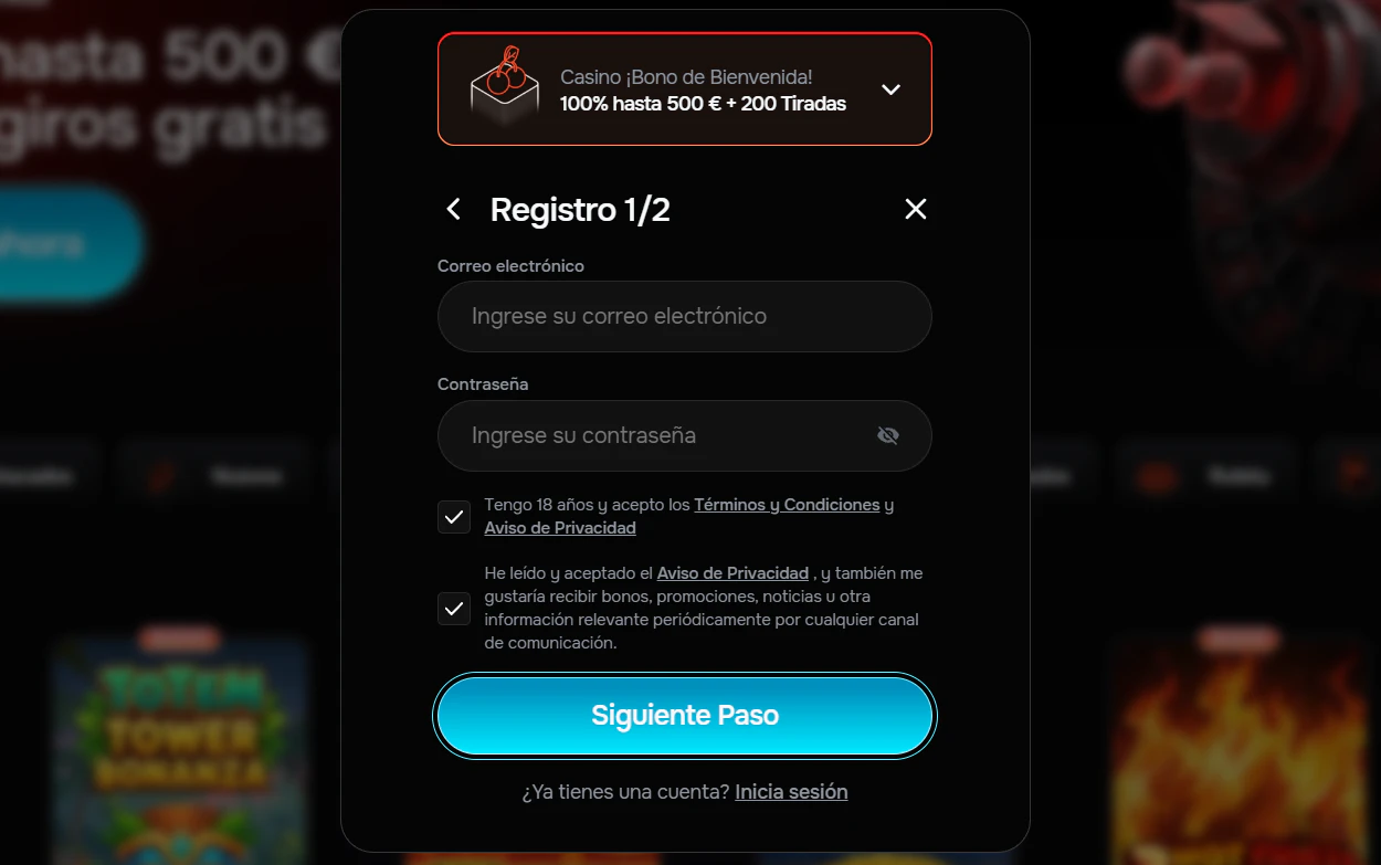 Registro e inicio de sesión en Revolution Casino